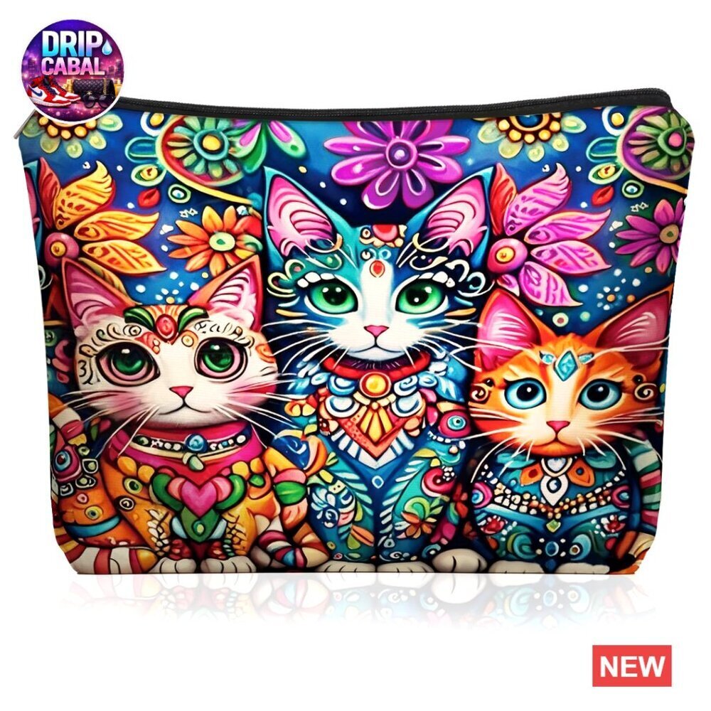 Boho Cat Themed Cosmetic Bag Waterproof Linen Lined Travel Organizer Pouch